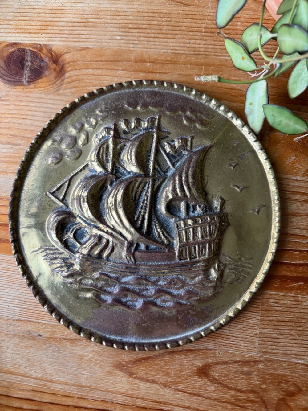 Vintage Embossed Brass Ship Wall Plaque